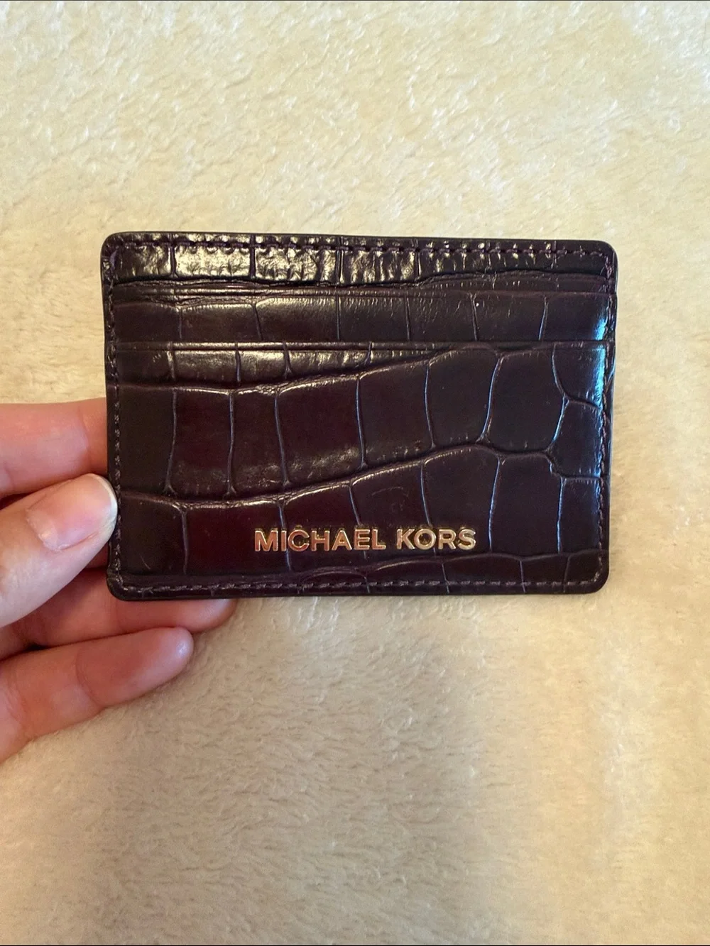 Michael Kors Croc-Embossed Card Holder in Deep Brown with Gold Logo